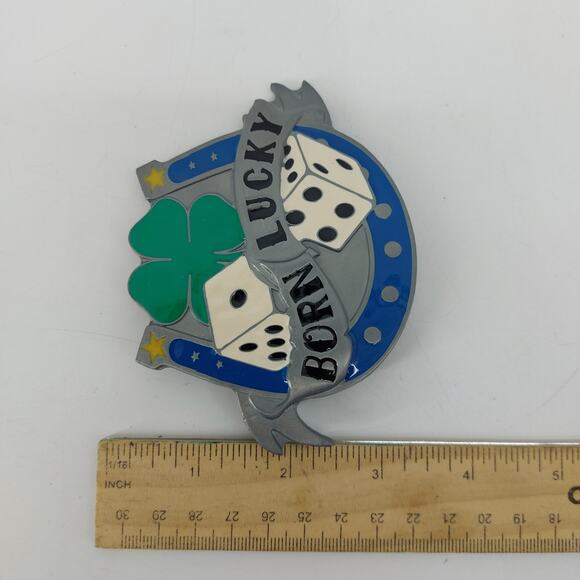 Born Lucky Horseshoe Belt Buckle Dice 4 Leaf Clover Enamel - Picture 6 of 6
